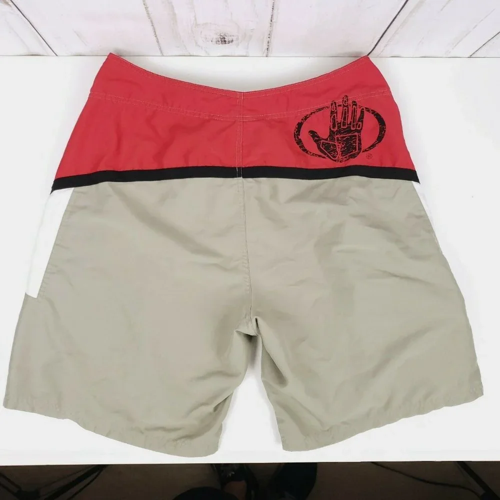 BODY GLOVE Mens Board Shorts Logo Patch Draw String Surfer Size 34 Red‎ & Tan